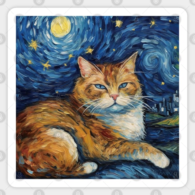 Orange Cat Enjoys City View under Starry Sky and Full Moon Sticker by qoohuangyt